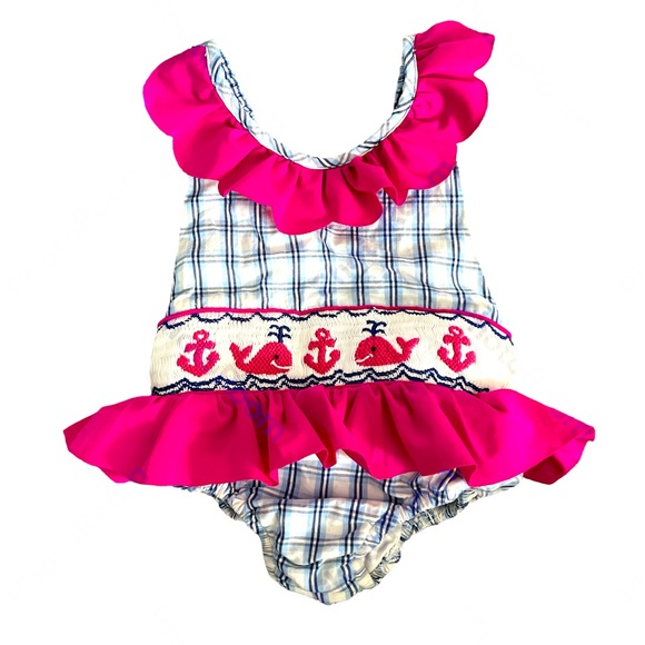 Babeeni 12month Baby Girl Smocked Whales & Anchors Swimsuit - Picture 1 of 3